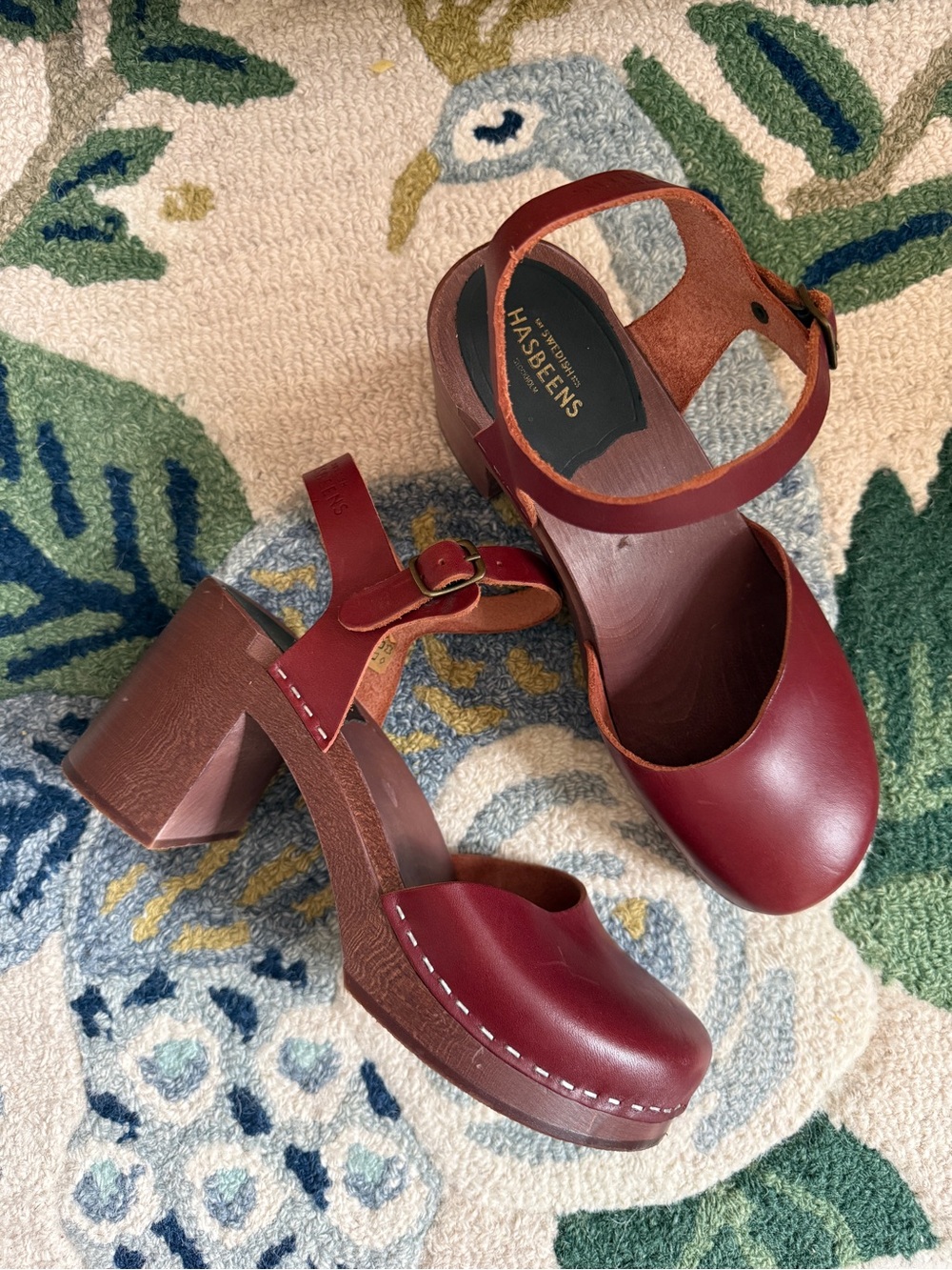 Swedish Hasbeens Burgundy Leather Platform Clogs with Ankle Strap